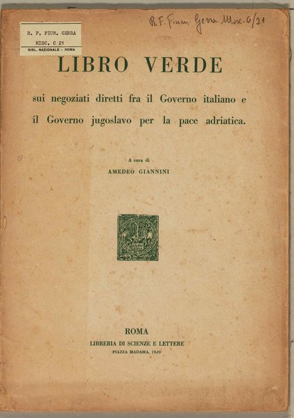 Libro verde sui negoziati diretti fra il Governo italiano e il Governo jugoslavo per la pace adriatica